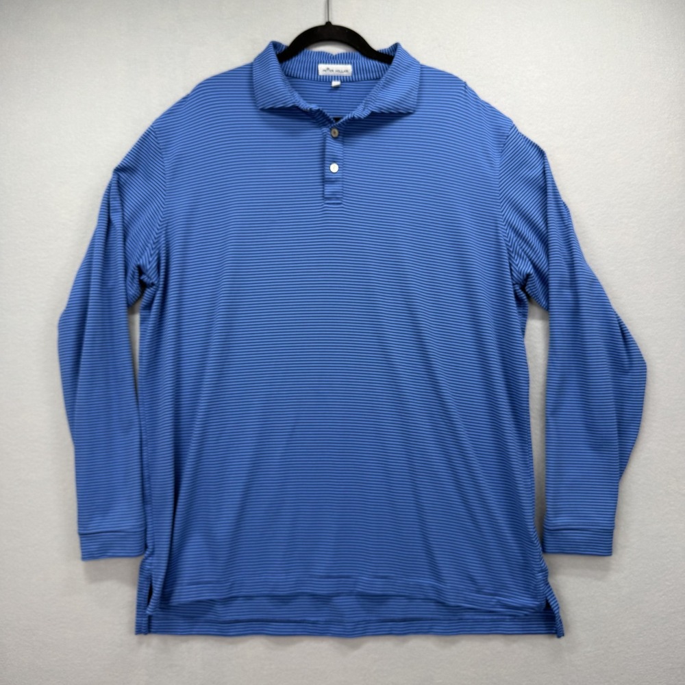 Peter Millar Rugby Shirt Mens 2XL Blue Striped Stretch Long Sleeve Polo Active